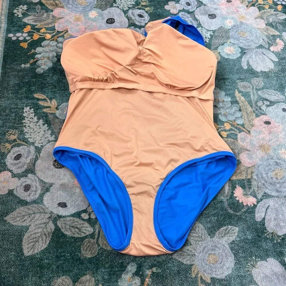 J. Crew One-Piece Swimsuit 20 plus Blue Ruched One-Shoulder Swim Bathing Suit